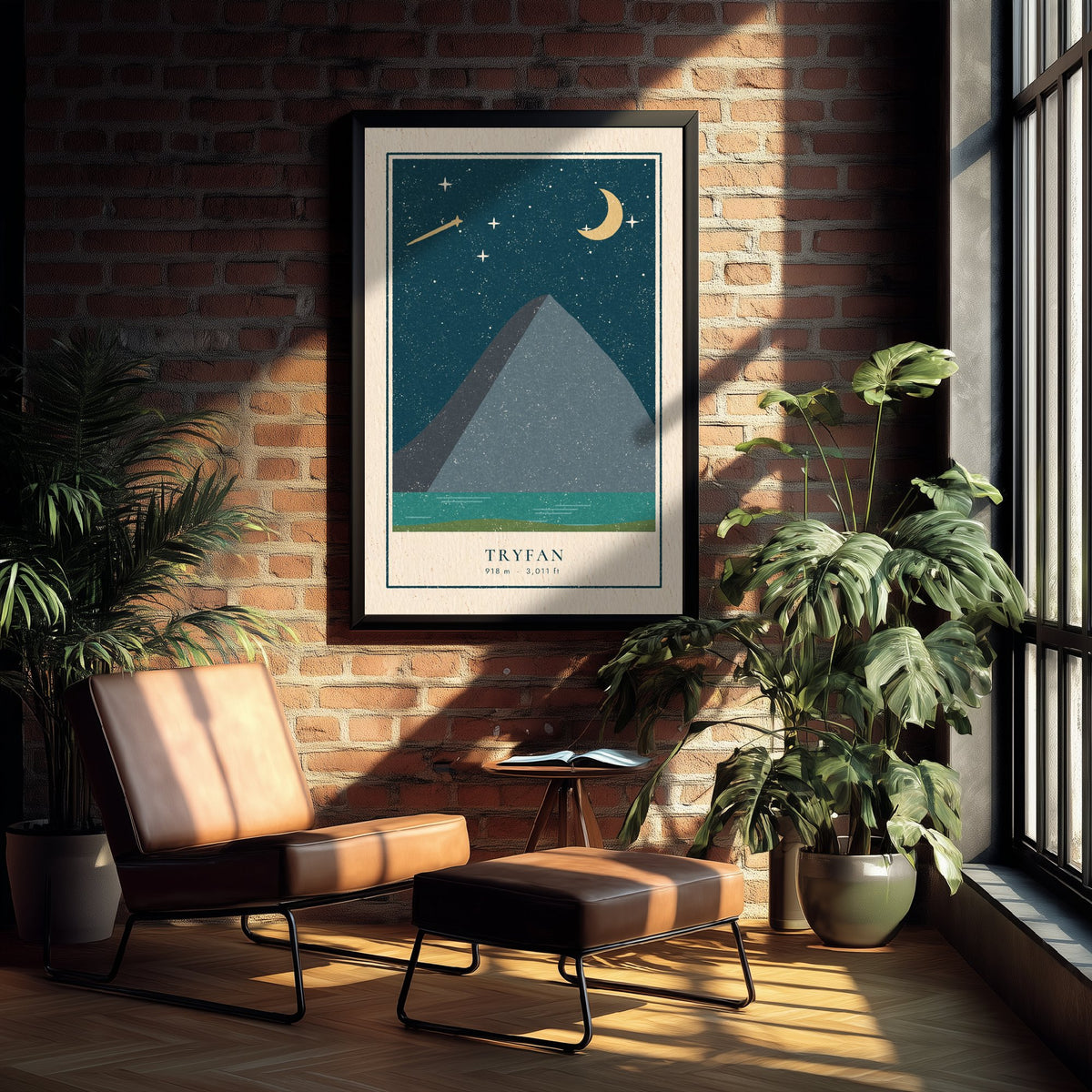 Tryfan Art Print - Shooting Star and Crescent Moon Poster - Welsh Mountain Night Woodcut V1 1/3