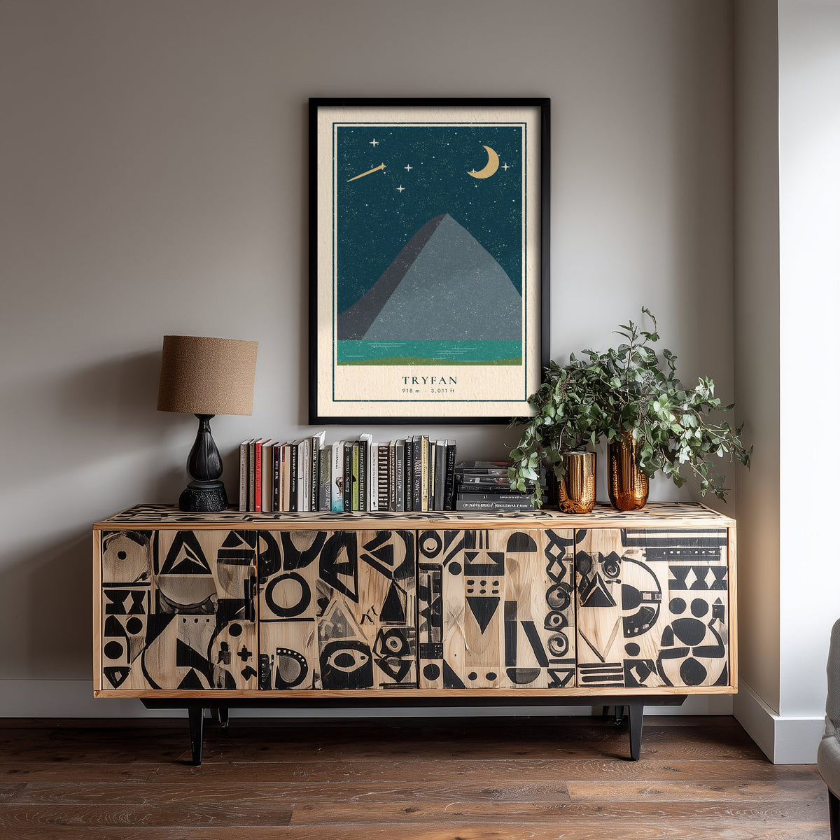 Tryfan Art Print - Shooting Star and Crescent Moon Poster - Welsh Mountain Night Woodcut V1 1/3
