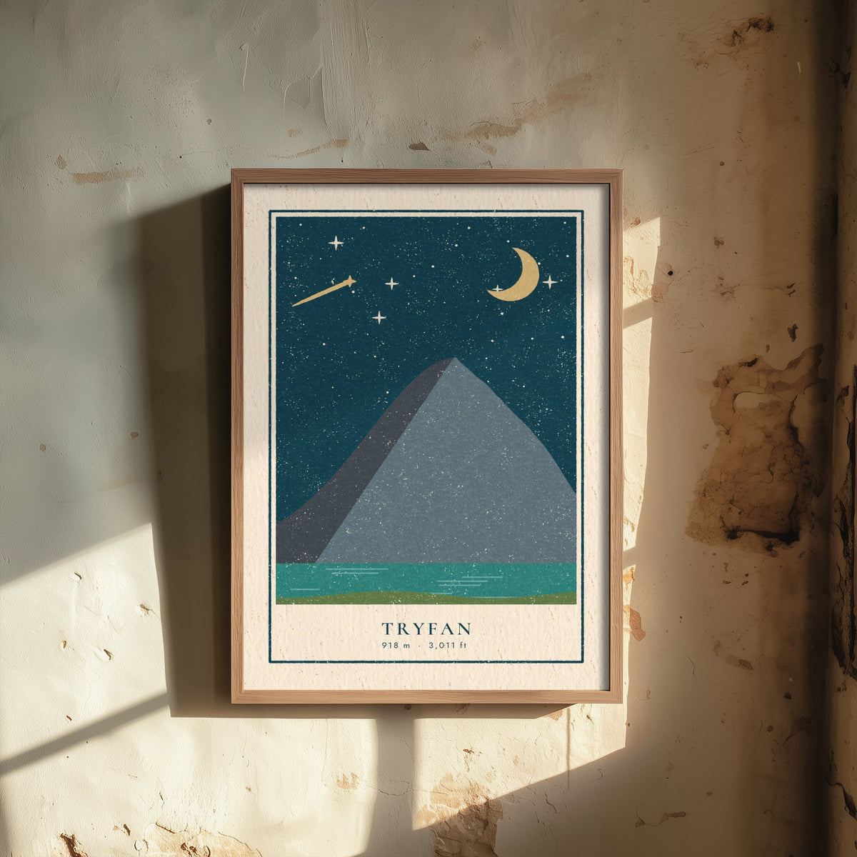 Tryfan Art Print - Shooting Star and Crescent Moon Poster - Welsh Mountain Night Woodcut V1 1/3