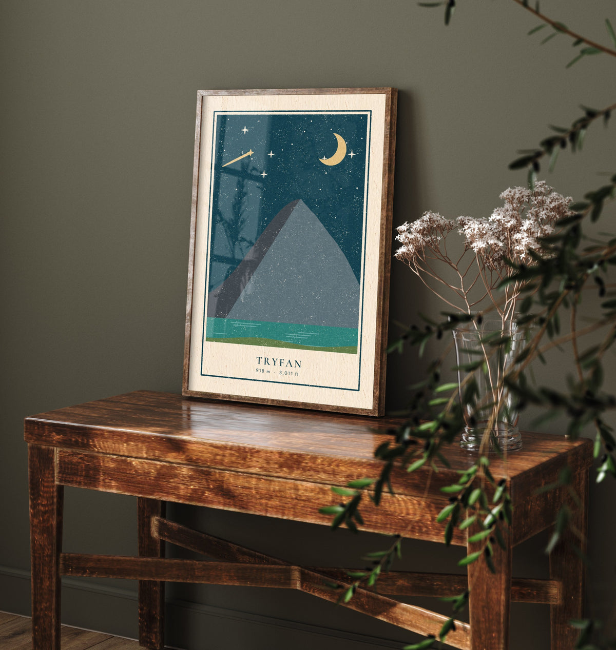 Tryfan Art Print - Shooting Star and Crescent Moon Poster - Welsh Mountain Night Woodcut V1 1/3