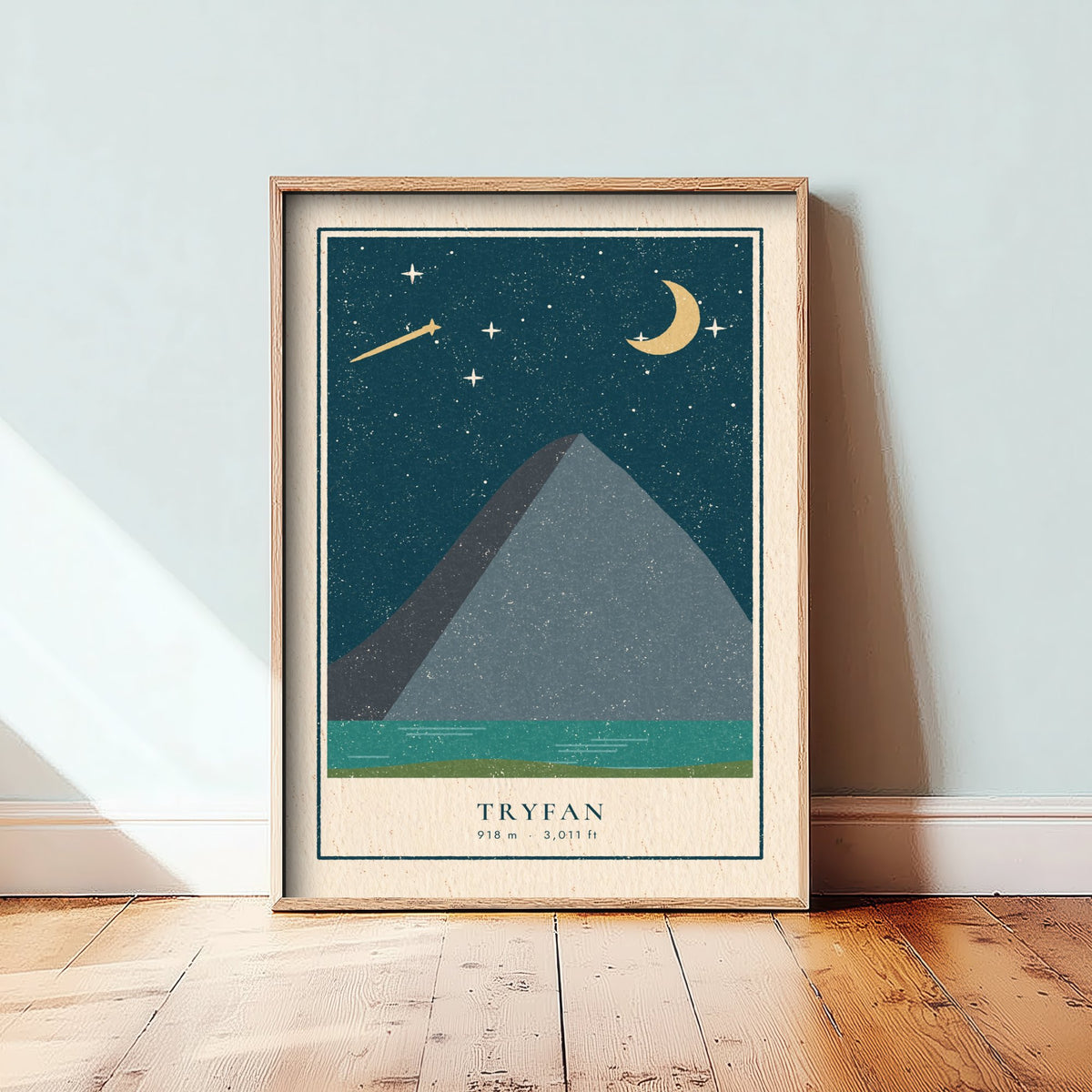 Tryfan Art Print - Shooting Star and Crescent Moon Poster - Welsh Mountain Night Woodcut V1 1/3