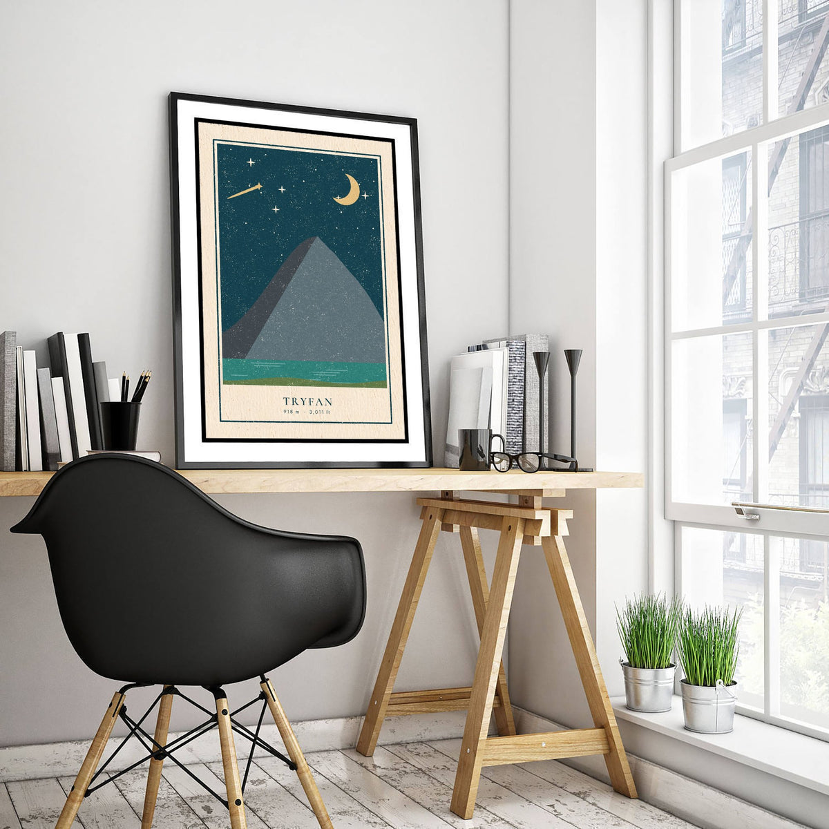 Tryfan Art Print - Shooting Star and Crescent Moon Poster - Welsh Mountain Night Woodcut V1 1/3