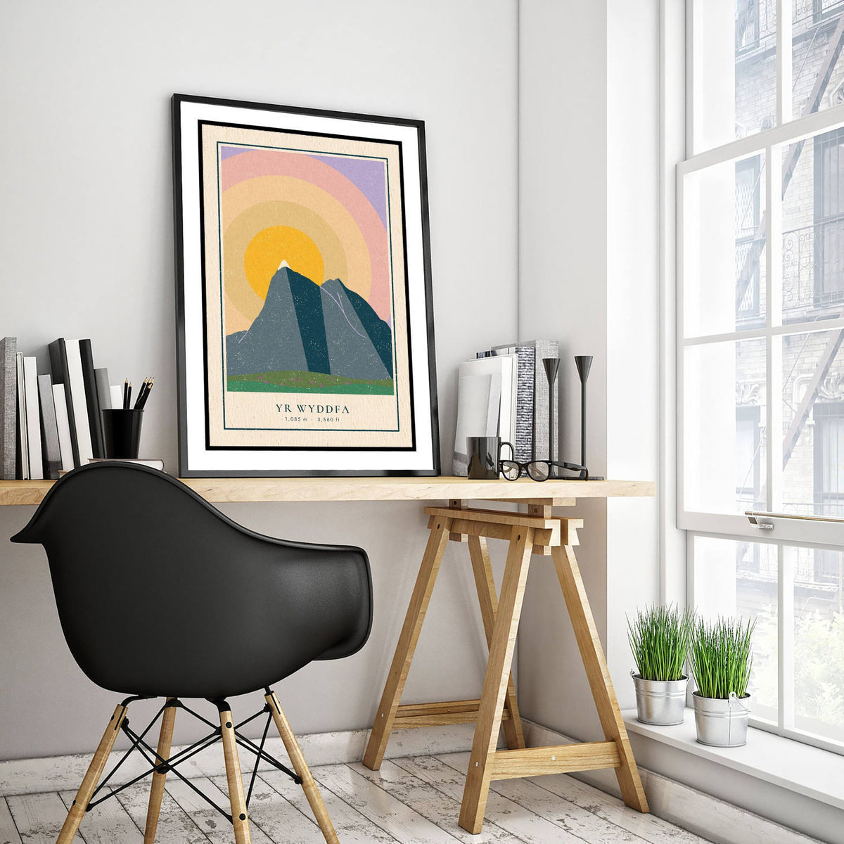 Yr Wyddfa Art Print - Snowdon Sunrise Poster - Concentric Sun Rings Retro Illustration V1 2/3