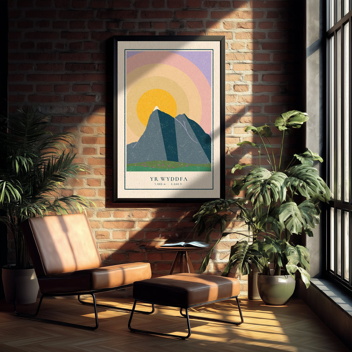 Yr Wyddfa Art Print - Snowdon Sunrise Poster - Concentric Sun Rings Retro Illustration V1 2/3
