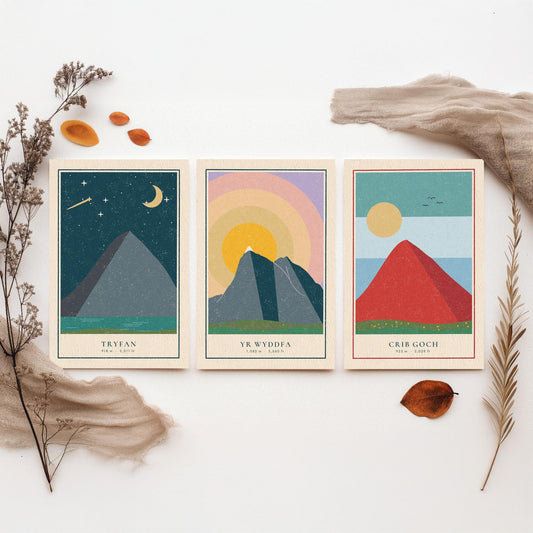 Welsh Mountain Set of Three Art Prints - Tryfan, Yr Wyddfa, Crib Goch - Linocut Style Poster Illustration V1