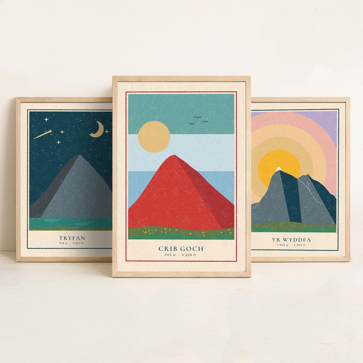 Welsh Mountain Set of Three Art Prints - Tryfan, Yr Wyddfa, Crib Goch - Linocut Style Poster Illustration V1