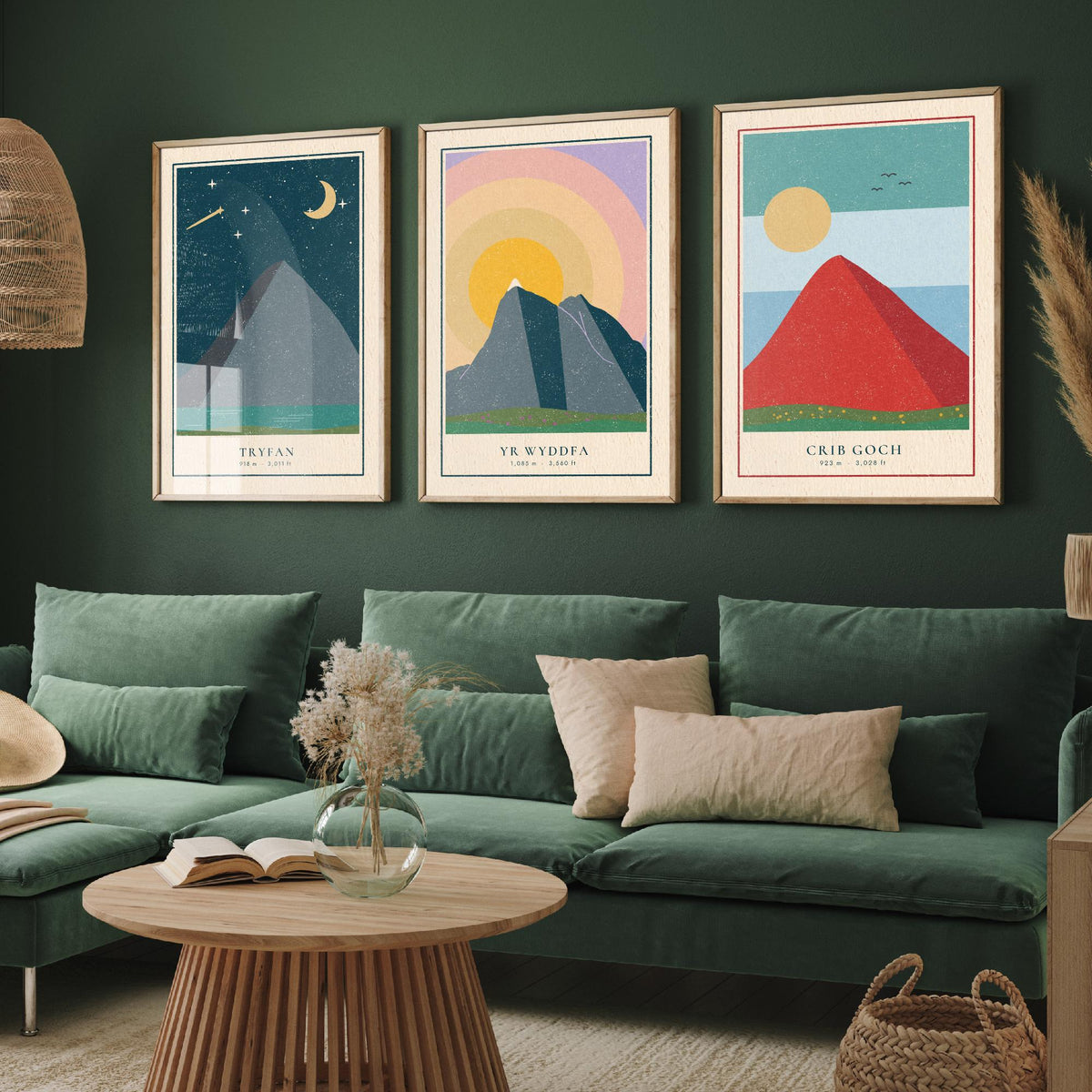Welsh Mountain Set of Three Art Prints - Tryfan, Yr Wyddfa, Crib Goch - Linocut Style Poster Illustration V1