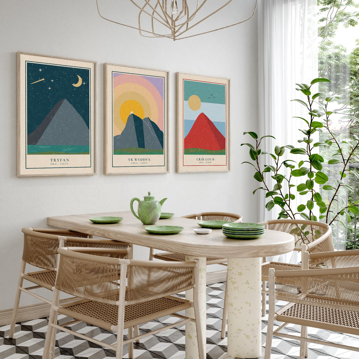 Welsh Mountain Set of Three Art Prints - Tryfan, Yr Wyddfa, Crib Goch - Linocut Style Poster Illustration V1