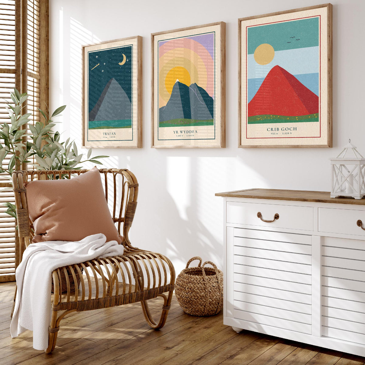 Welsh Mountain Set of Three Art Prints - Tryfan, Yr Wyddfa, Crib Goch - Linocut Style Poster Illustration V1