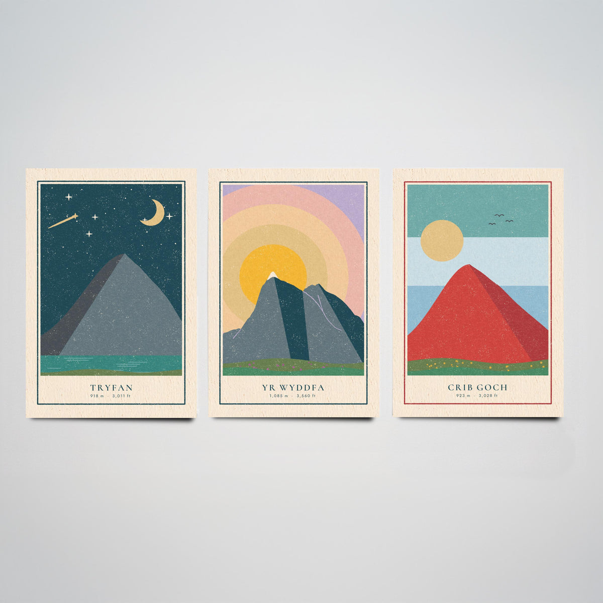 Welsh Mountain Set of Three Art Prints - Tryfan, Yr Wyddfa, Crib Goch - Linocut Style Poster Illustration V1