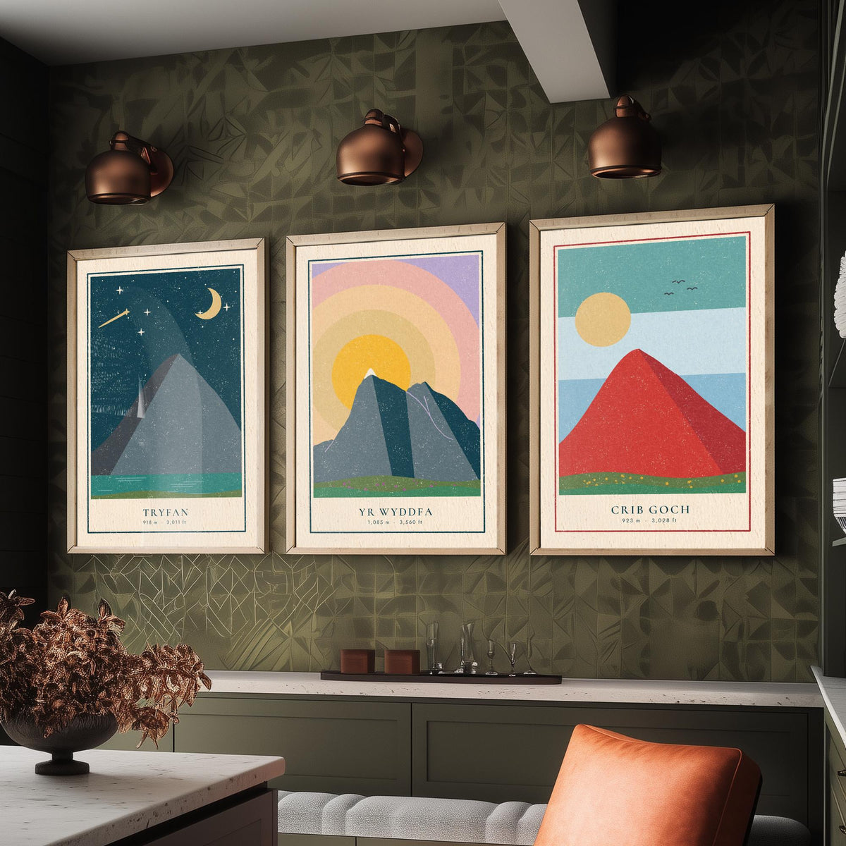 Welsh Mountain Set of Three Art Prints - Tryfan, Yr Wyddfa, Crib Goch - Linocut Style Poster Illustration V1