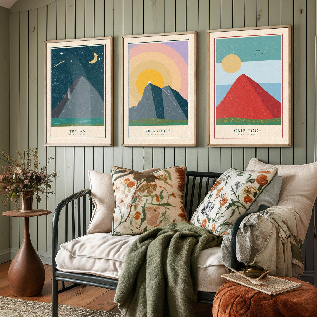 Welsh Mountain Set of Three Art Prints - Tryfan, Yr Wyddfa, Crib Goch - Linocut Style Poster Illustration V1