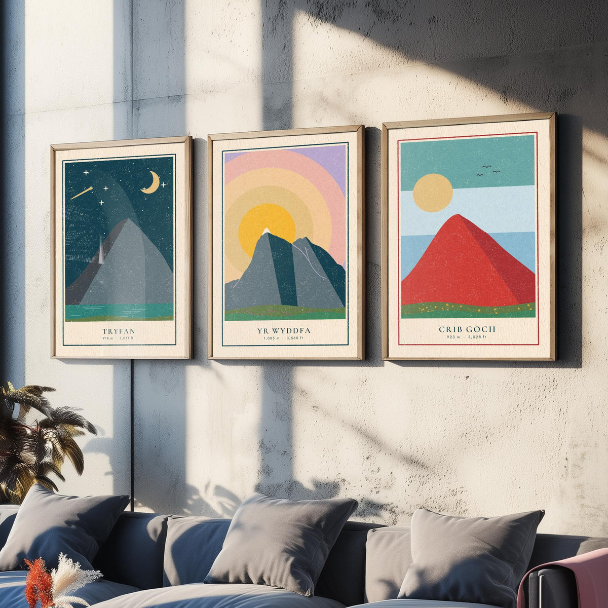 Welsh Mountain Set of Three Art Prints - Tryfan, Yr Wyddfa, Crib Goch - Linocut Style Poster Illustration V1