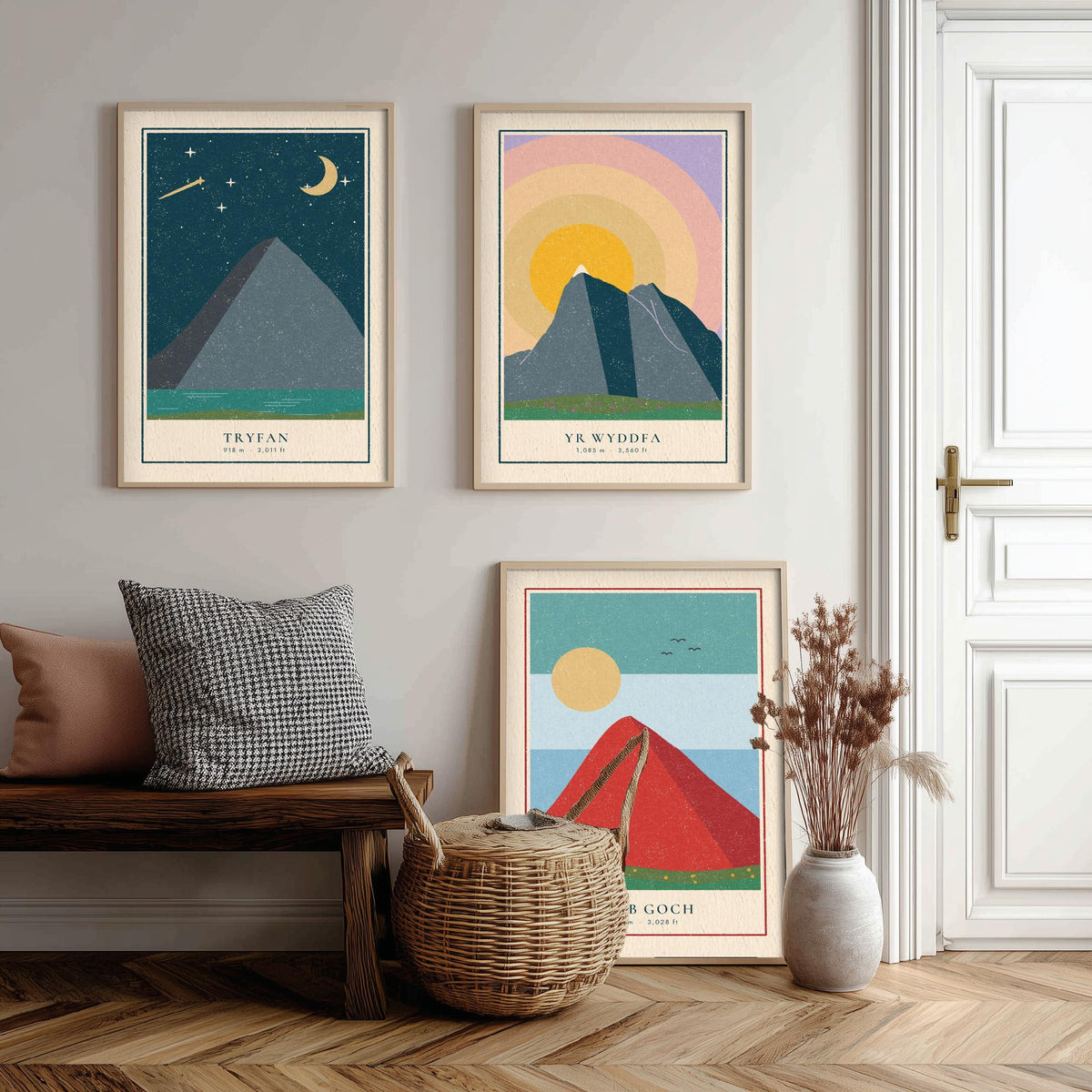 Welsh Mountain Set of Three Art Prints - Tryfan, Yr Wyddfa, Crib Goch - Linocut Style Poster Illustration V1