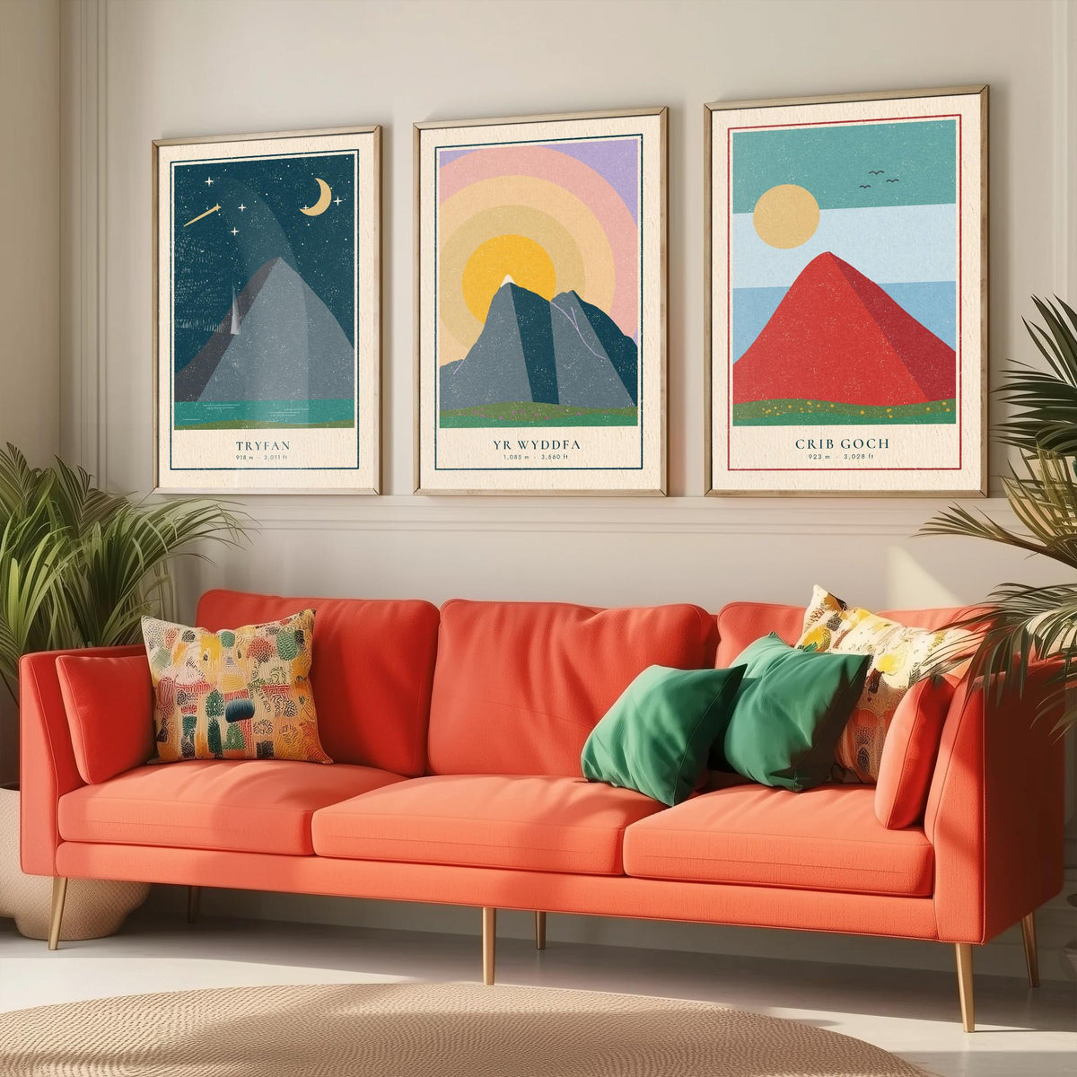 Welsh Mountain Set of Three Art Prints - Tryfan, Yr Wyddfa, Crib Goch - Linocut Style Poster Illustration V1