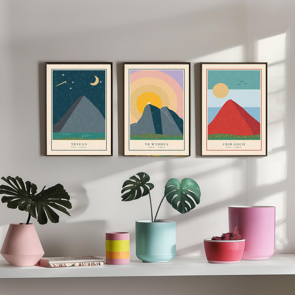 Welsh Mountain Set of Three Art Prints - Tryfan, Yr Wyddfa, Crib Goch - Linocut Style Poster Illustration V1