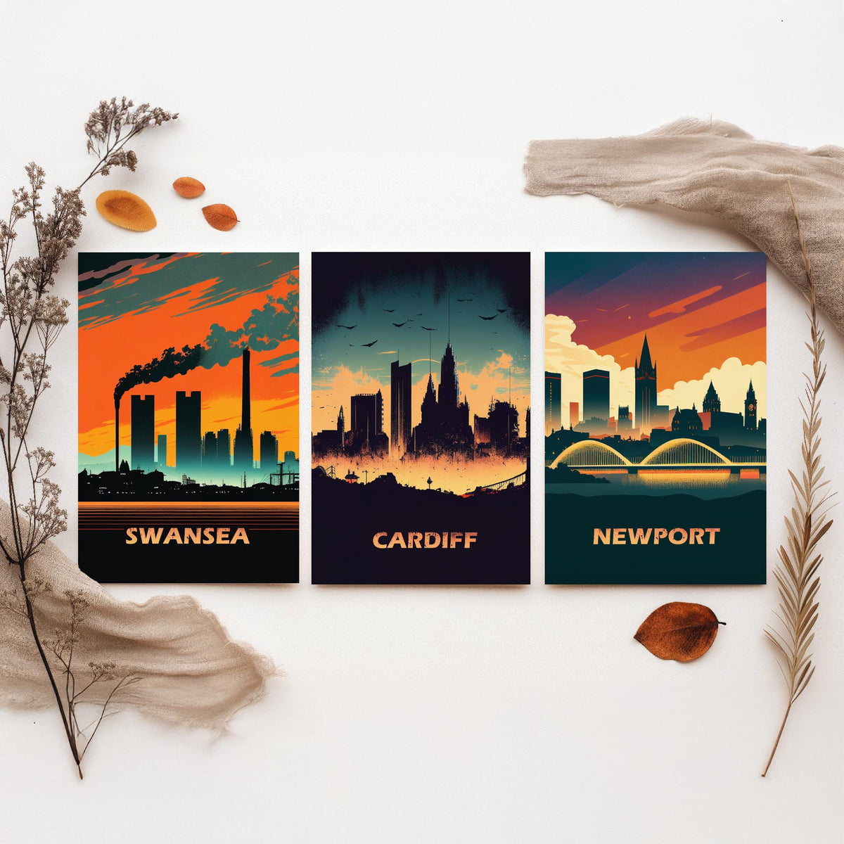 Swansea, Cardiff and Newport Set of Three Art Prints - Wales Skylines at Sunset - Retro Welsh City Poster Illustration