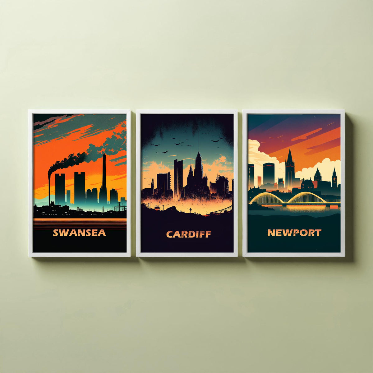 Swansea, Cardiff and Newport Set of Three Art Prints - Wales Skylines at Sunset - Retro Welsh City Poster Illustration