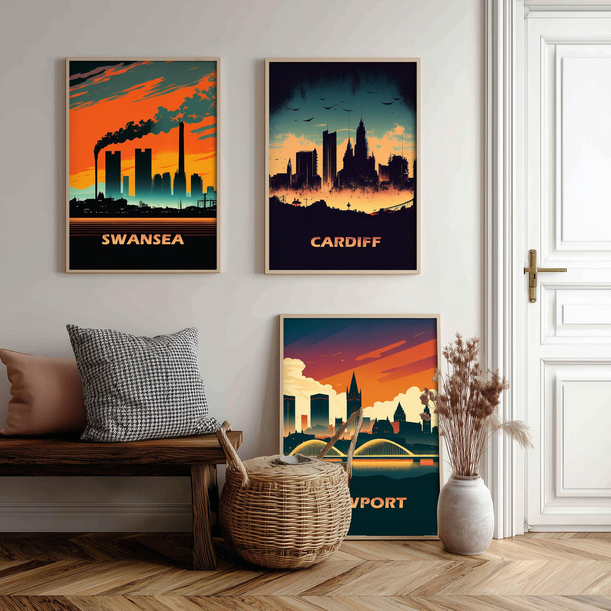 Swansea, Cardiff and Newport Set of Three Art Prints - Wales Skylines at Sunset - Retro Welsh City Poster Illustration