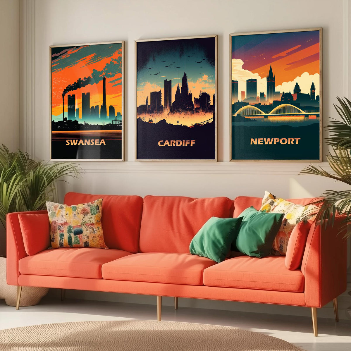 Swansea, Cardiff and Newport Set of Three Art Prints - Wales Skylines at Sunset - Retro Welsh City Poster Illustration