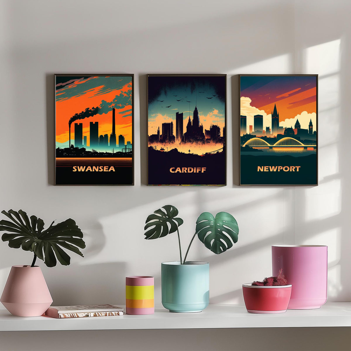 Swansea, Cardiff and Newport Set of Three Art Prints - Wales Skylines at Sunset - Retro Welsh City Poster Illustration