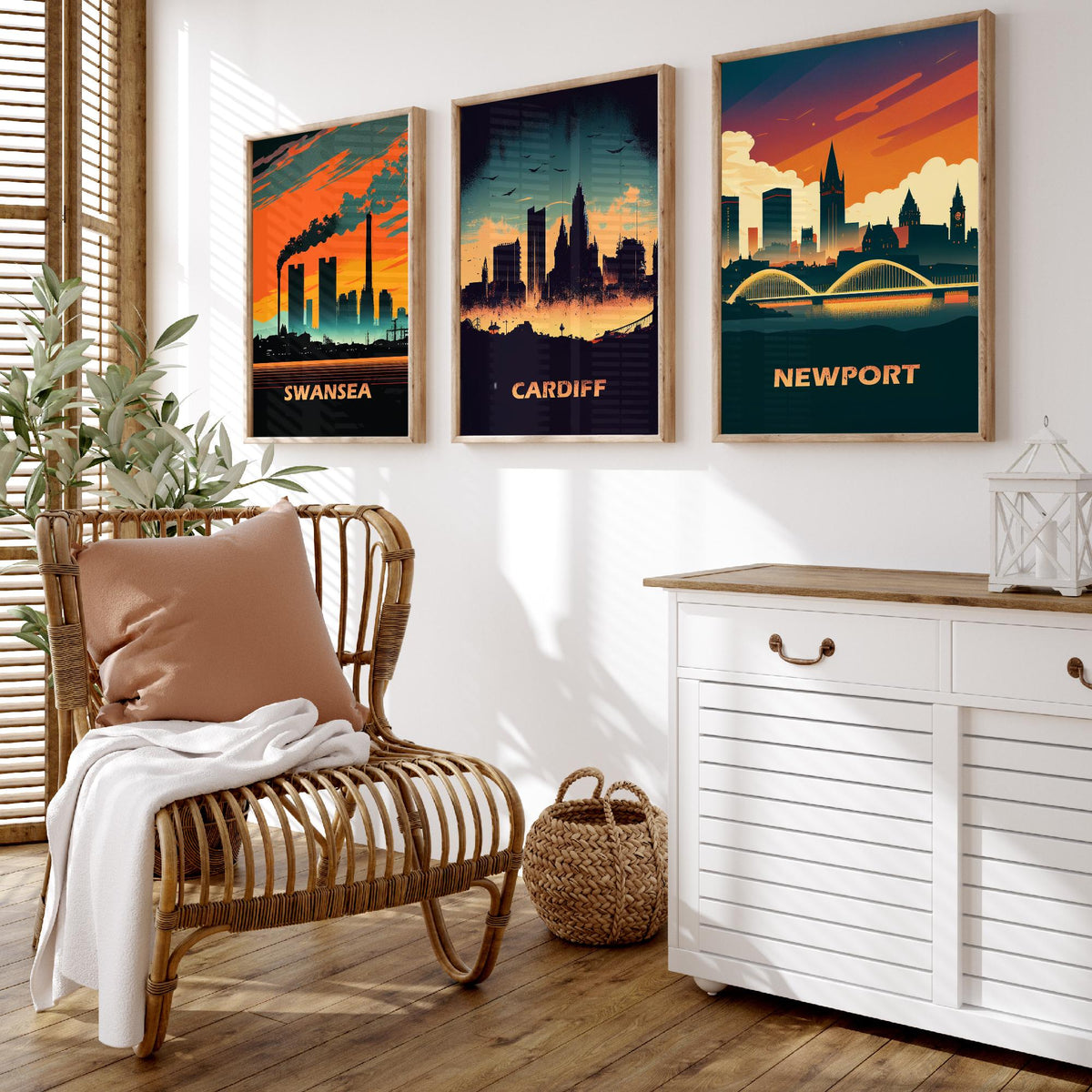 Swansea, Cardiff and Newport Set of Three Art Prints - Wales Skylines at Sunset - Retro Welsh City Poster Illustration
