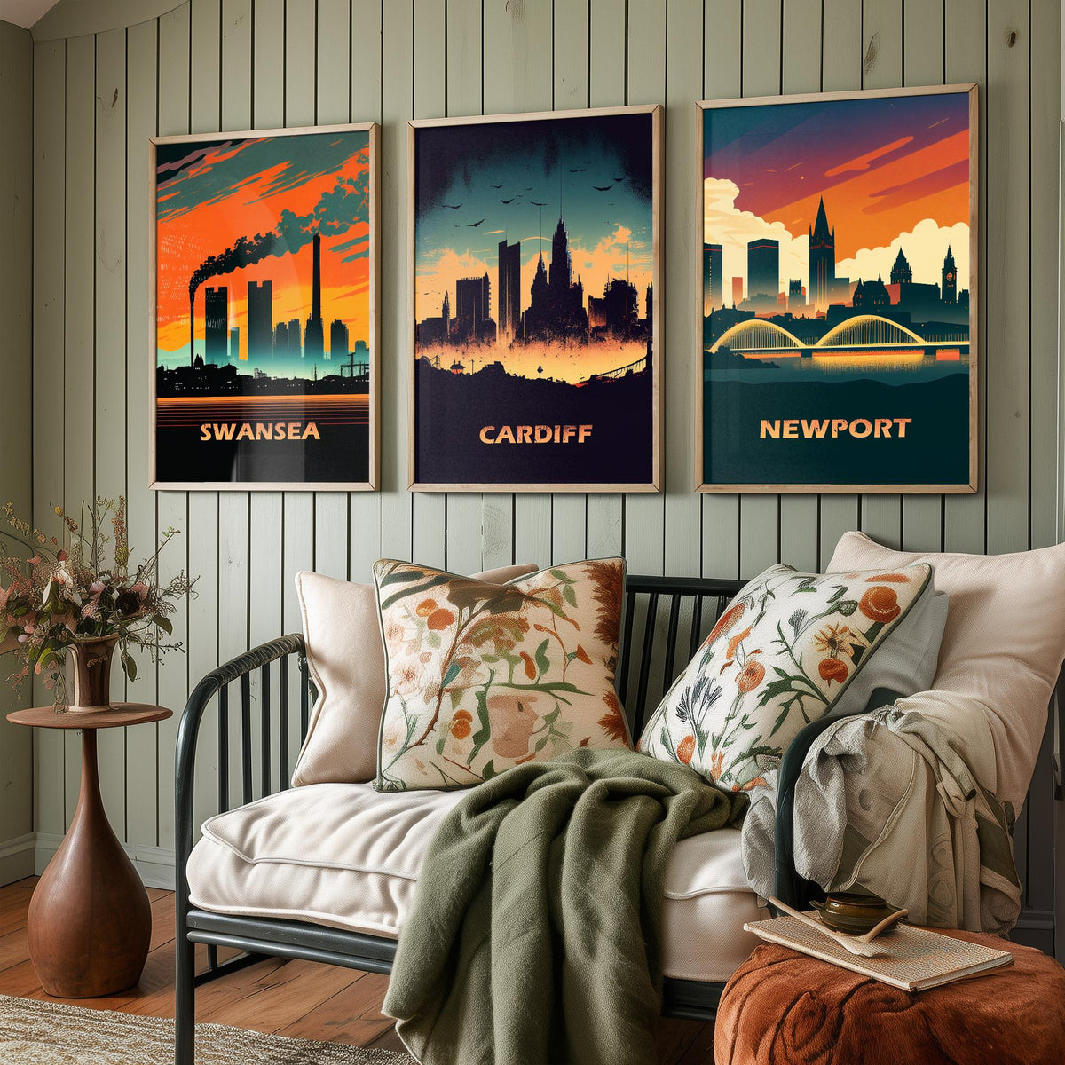 Swansea, Cardiff and Newport Set of Three Art Prints - Wales Skylines at Sunset - Retro Welsh City Poster Illustration