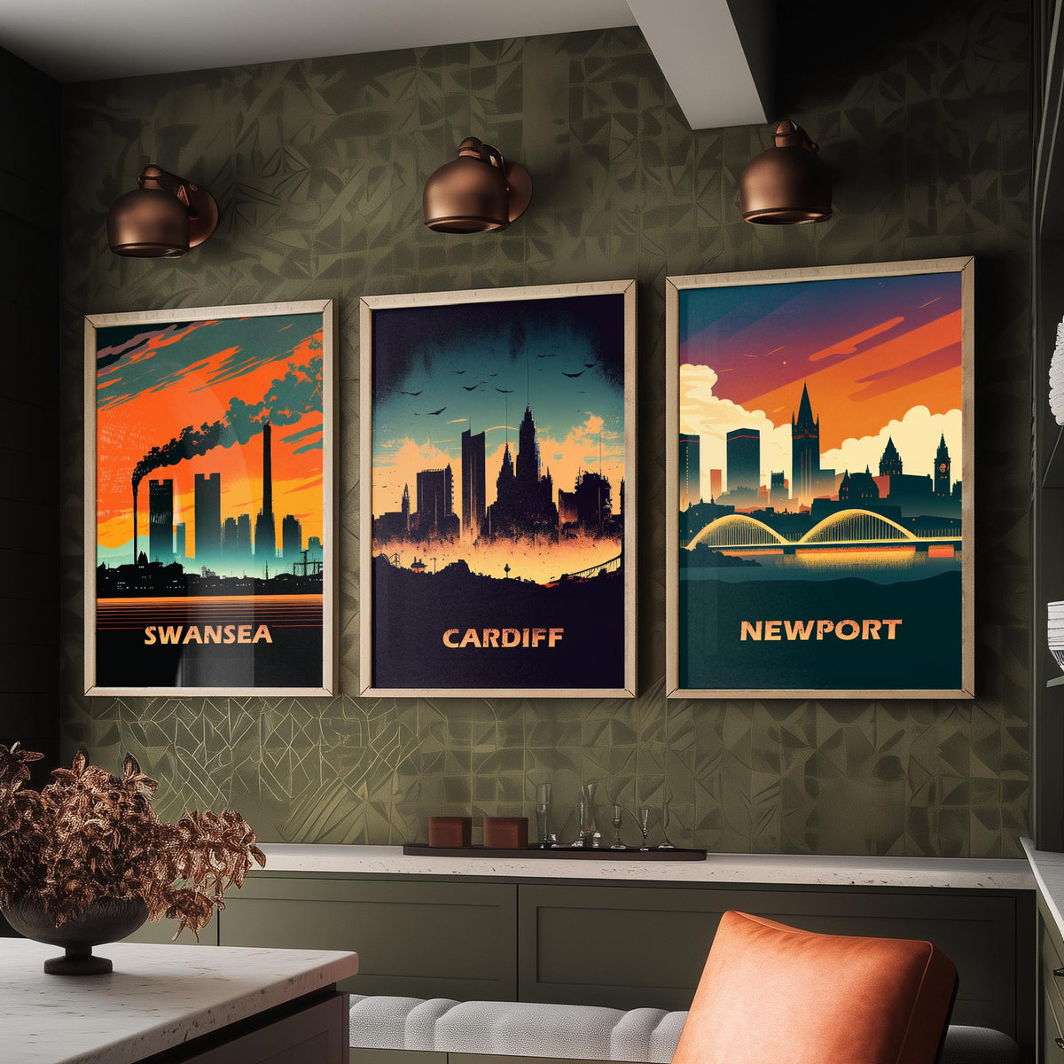 Swansea, Cardiff and Newport Set of Three Art Prints - Wales Skylines at Sunset - Retro Welsh City Poster Illustration