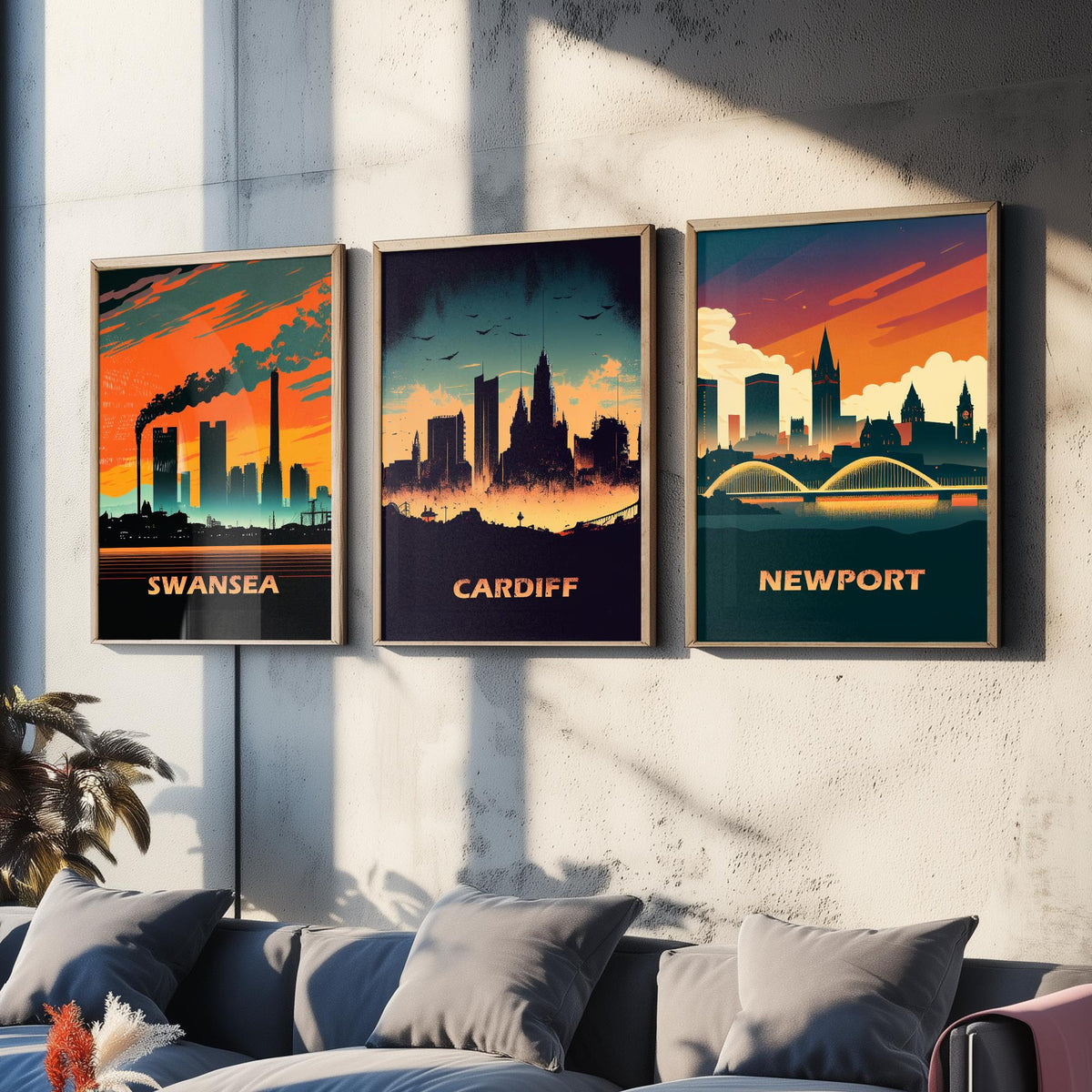Swansea, Cardiff and Newport Set of Three Art Prints - Wales Skylines at Sunset - Retro Welsh City Poster Illustration