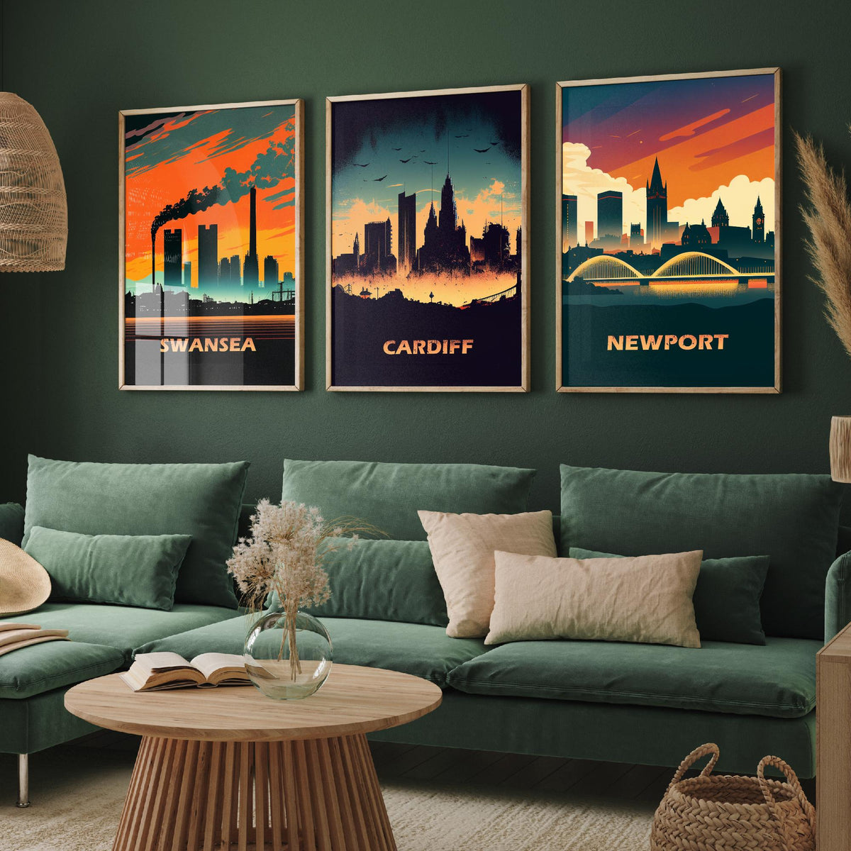 Swansea, Cardiff and Newport Set of Three Art Prints - Wales Skylines at Sunset - Retro Welsh City Poster Illustration