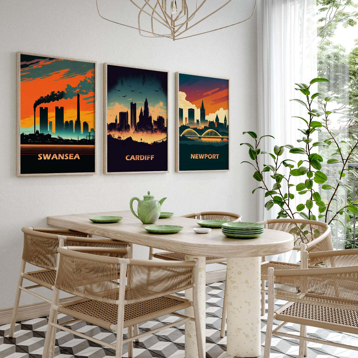 Swansea, Cardiff and Newport Set of Three Art Prints - Wales Skylines at Sunset - Retro Welsh City Poster Illustration