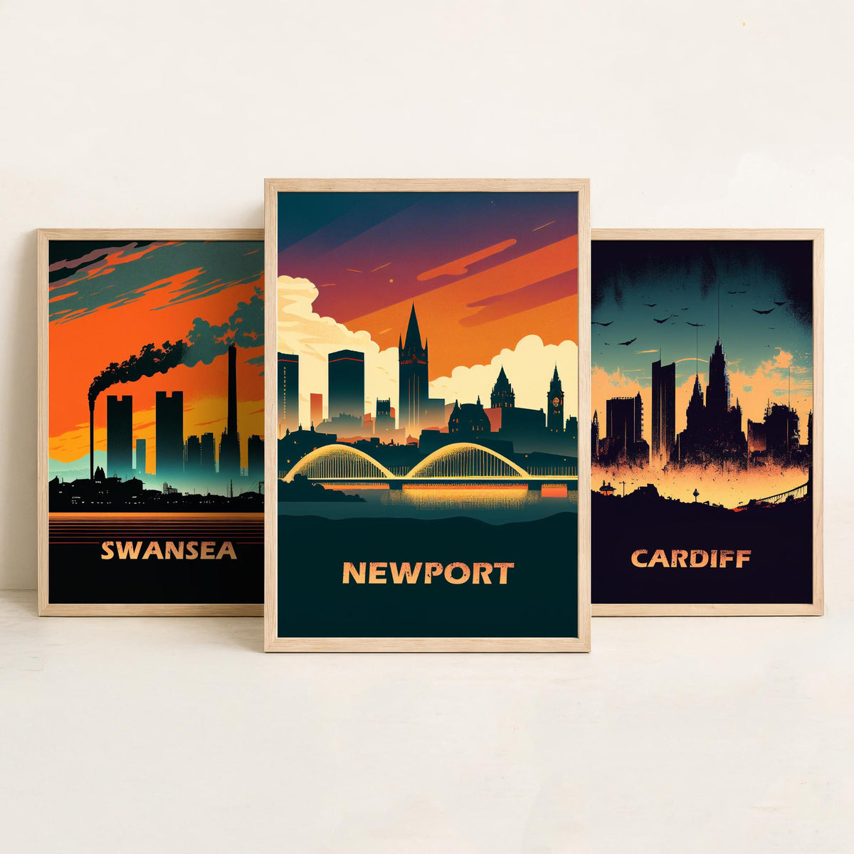 Swansea, Cardiff and Newport Set of Three Art Prints - Wales Skylines at Sunset - Retro Welsh City Poster Illustration