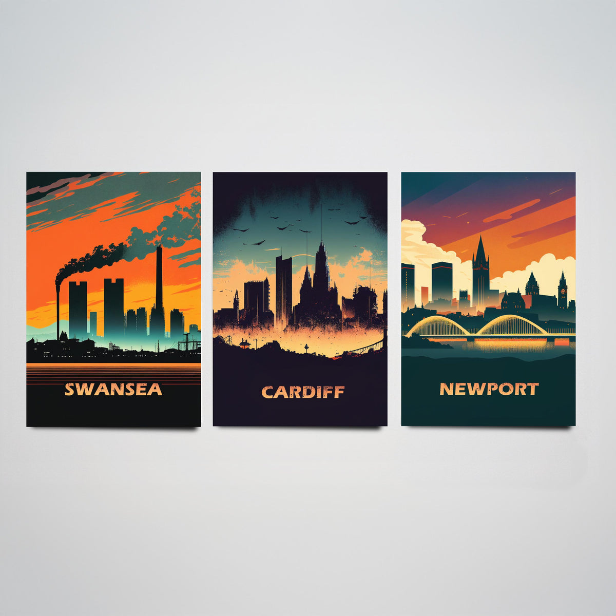Swansea, Cardiff and Newport Set of Three Art Prints - Wales Skylines at Sunset - Retro Welsh City Poster Illustration