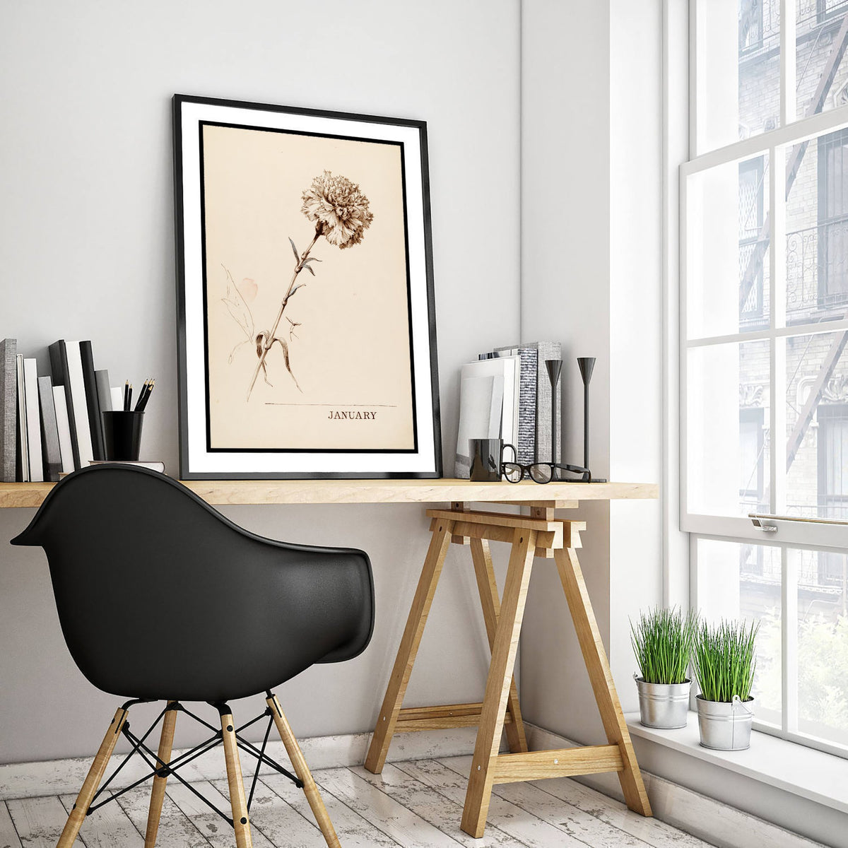 January Birth Flower Art Print - Carnation Poster - Antique Sepia Ink Botanical Illustration - Birth Month Gift 01/12