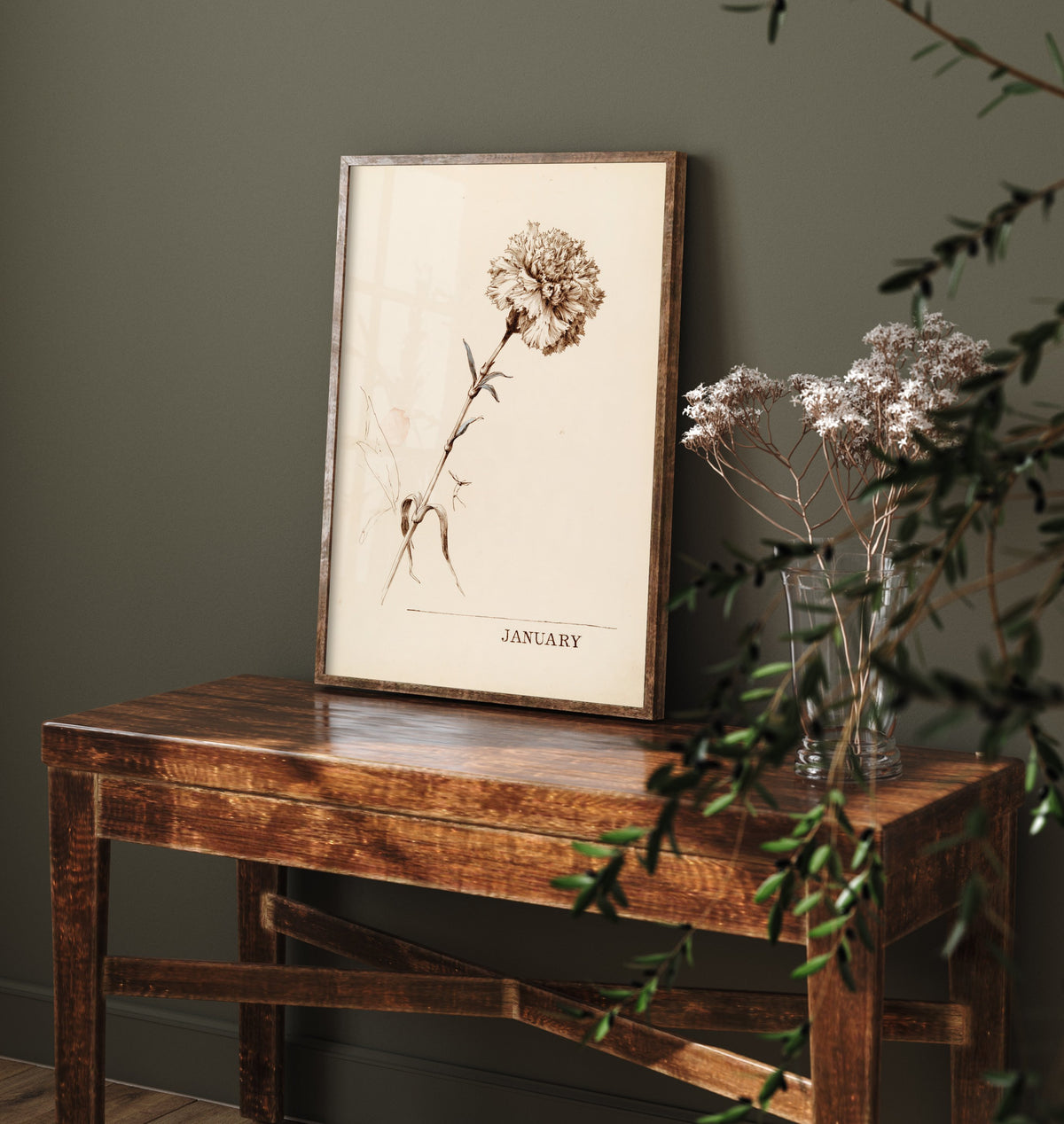 January Birth Flower Art Print - Carnation Poster - Antique Sepia Ink Botanical Illustration - Birth Month Gift 01/12