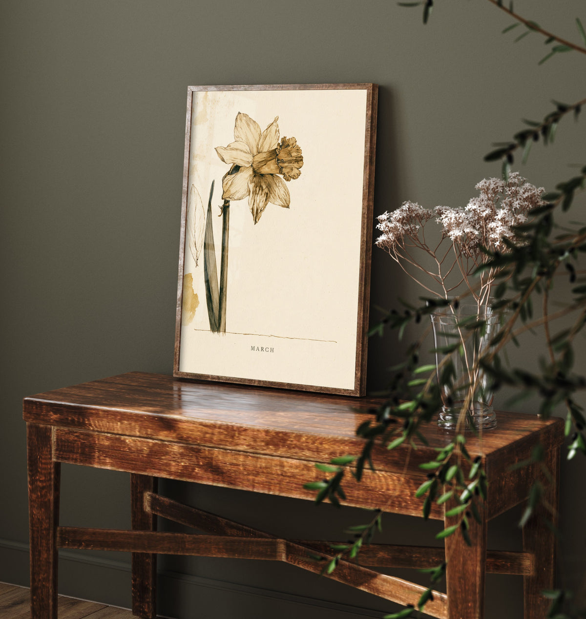 March Birth Flower Art Print - Daffodil Poster - Antique Sepia Ink Botanical Illustration - Birth Month Gift 03/12