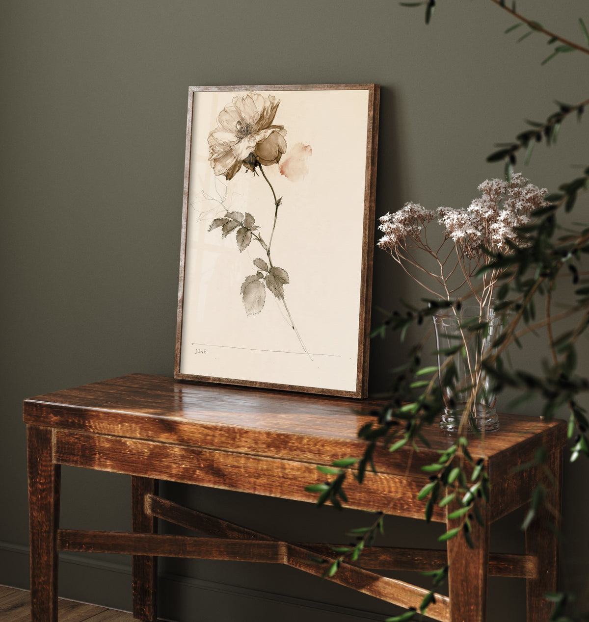 June Birth Flower Art Print - Rose Poster - Antique Sepia Ink Botanical Illustration - Birth Month Gift 06/12