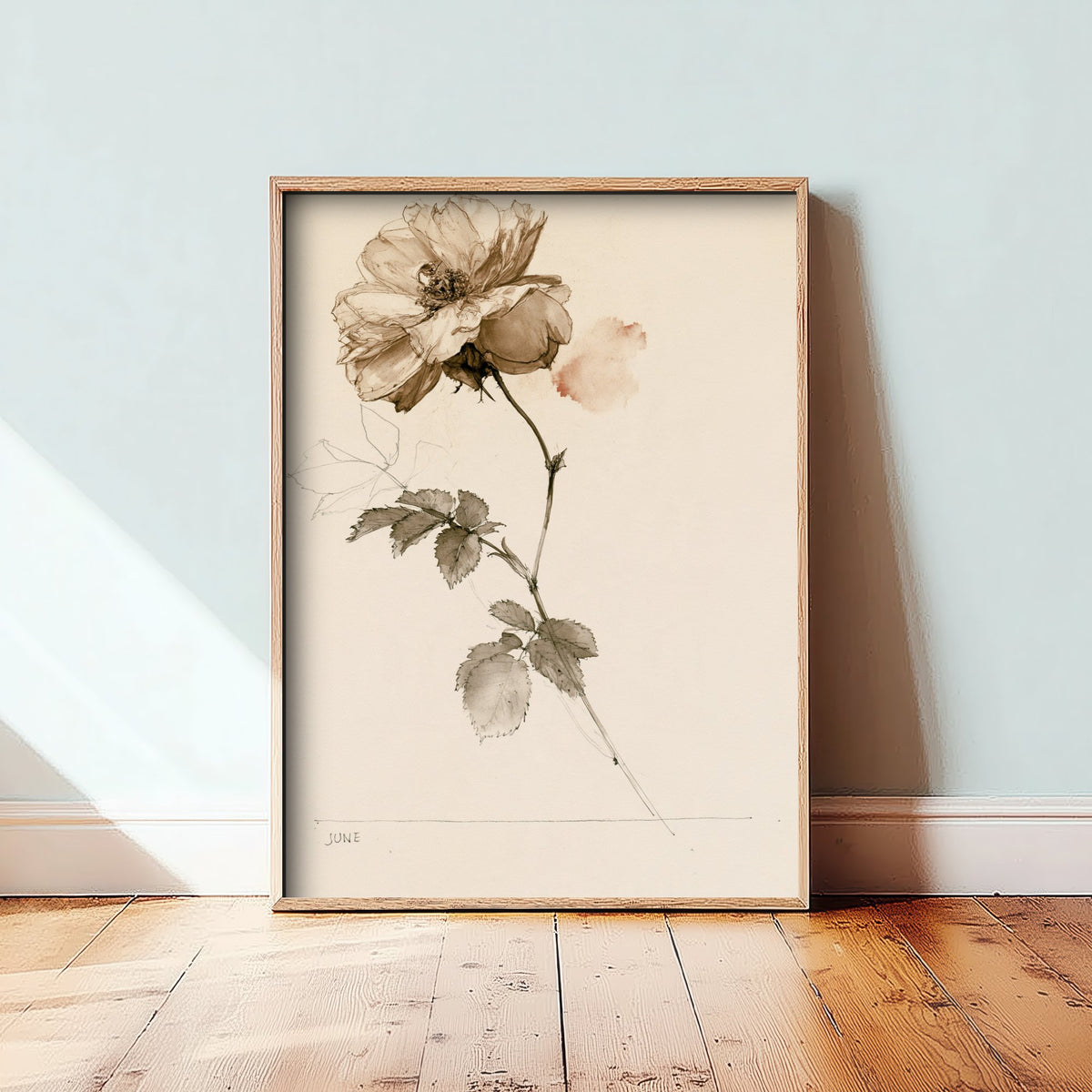 June Birth Flower Art Print - Rose Poster - Antique Sepia Ink Botanical Illustration - Birth Month Gift 06/12