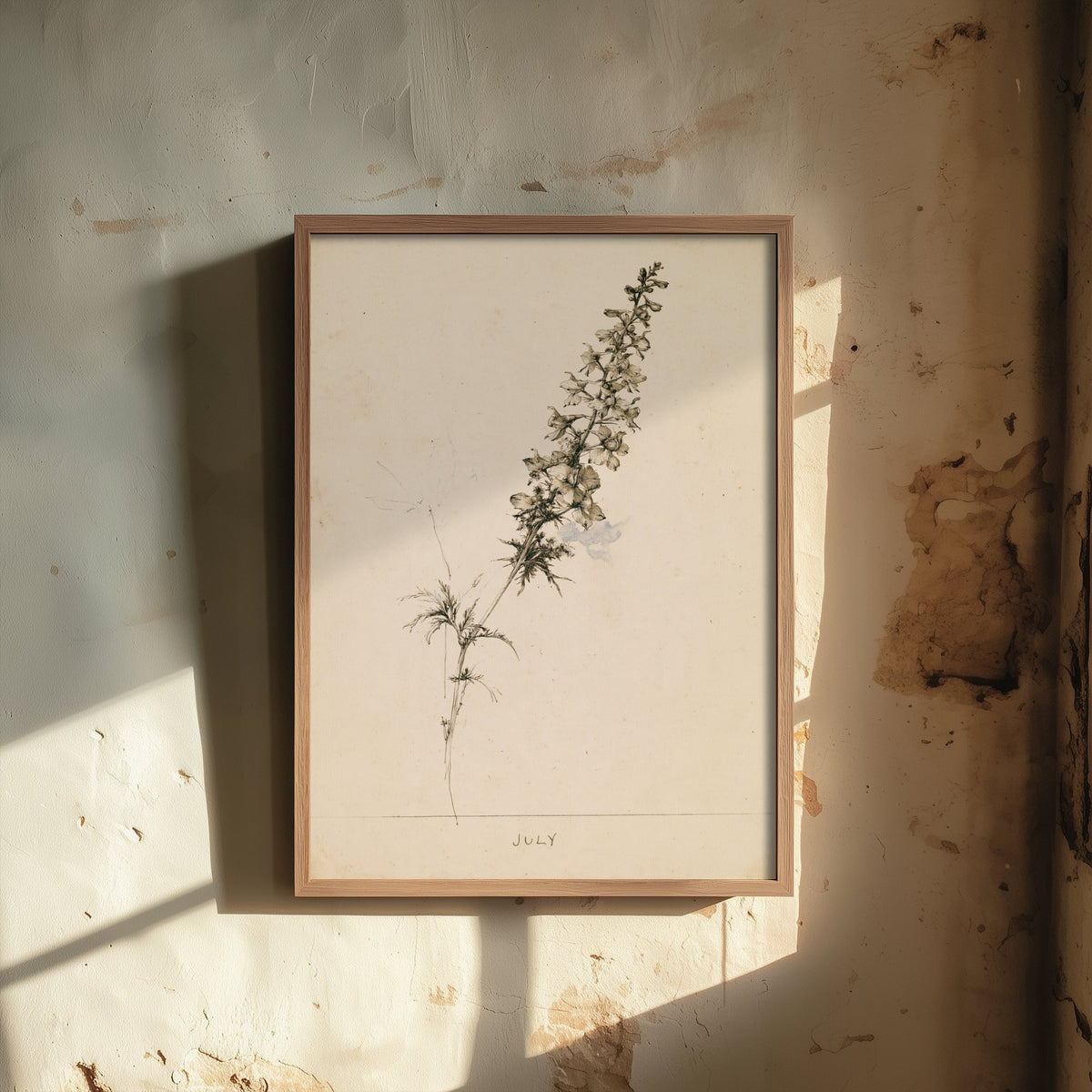 July Birth Flower Art Print - Larkspur Poster - Antique Sepia Ink Botanical Illustration - Birth Month Gift 07/12