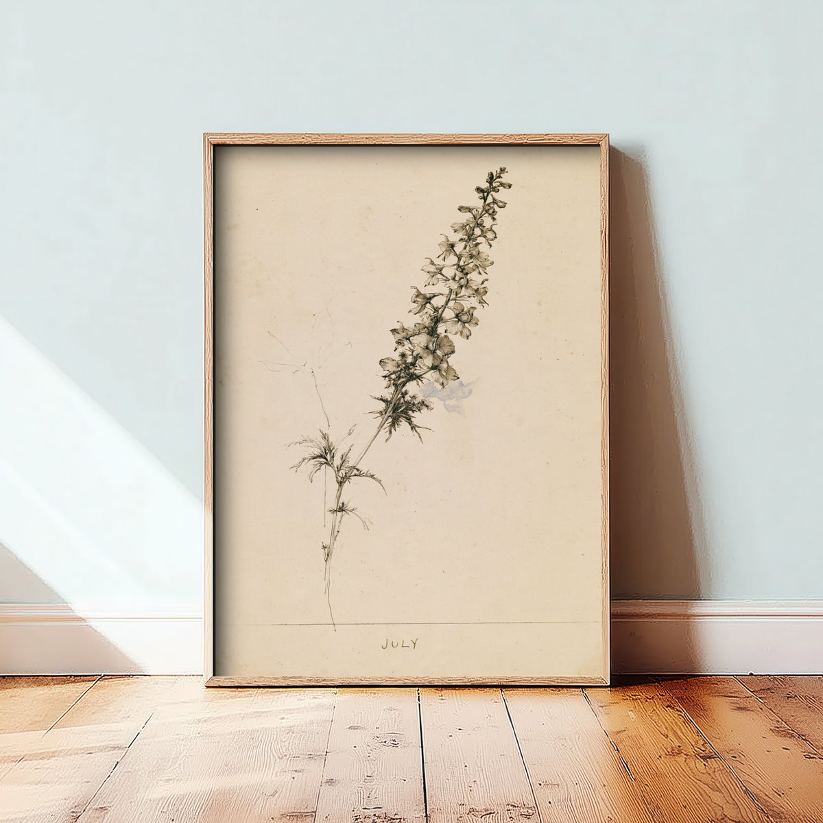 July Birth Flower Art Print - Larkspur Poster - Antique Sepia Ink Botanical Illustration - Birth Month Gift 07/12