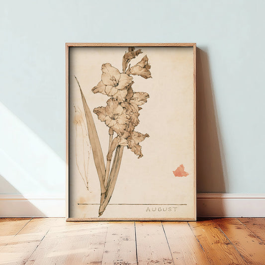 August Birth Flower Art Print - Gladiolus Poster - Antique Sepia Ink Botanical Illustration - Birth Month Gift 08/12