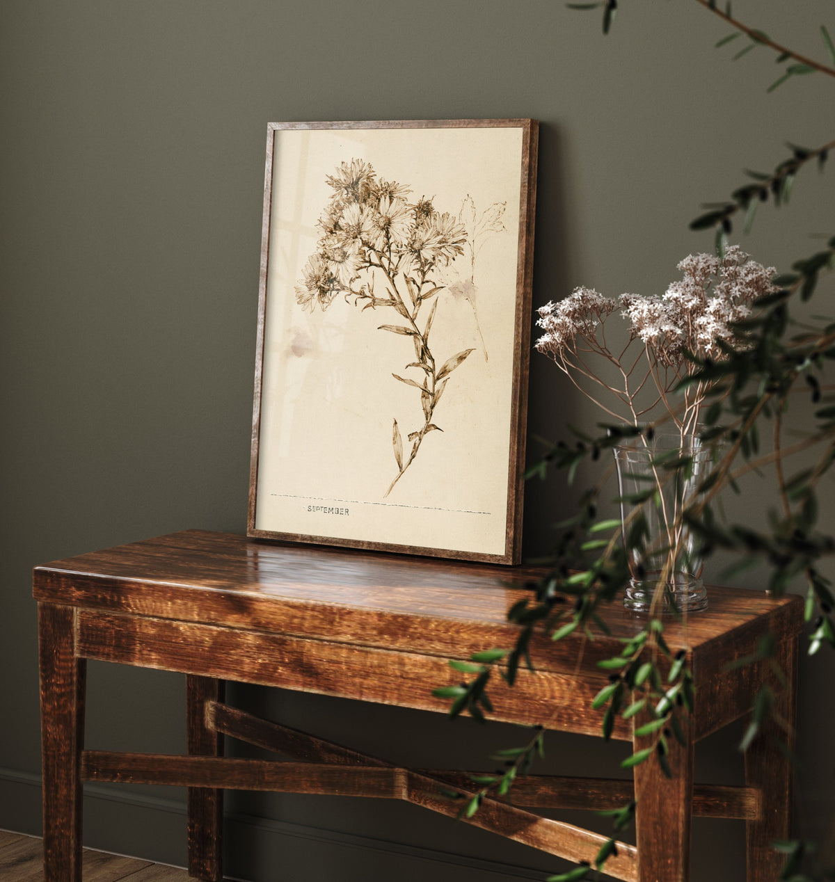 September Birth Flower Art Print - Aster Poster - Antique Sepia Ink Botanical Illustration - Birth Month Gift 09/12