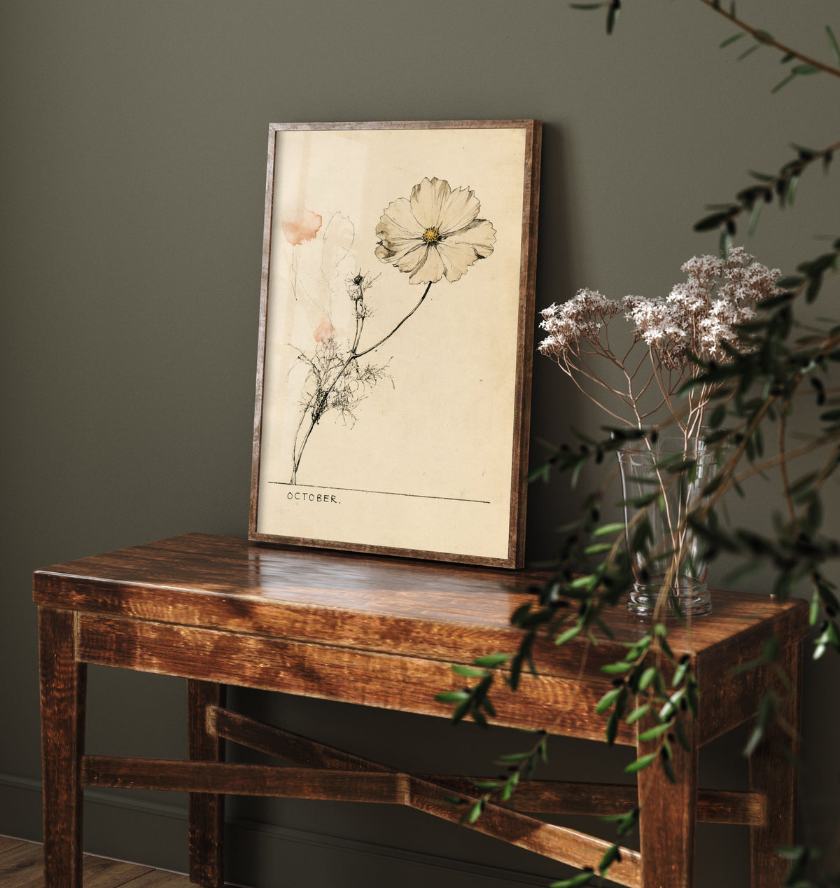 October Birth Flower Art Print - Cosmos Poster - Antique Sepia Ink Botanical Illustration - Birth Month Gift 10/12