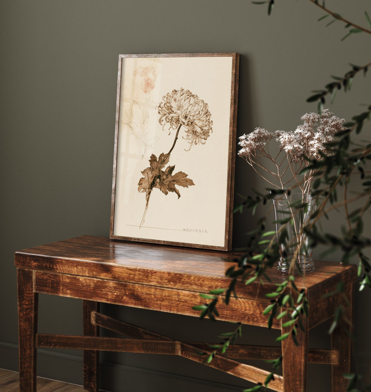 November Birth Flower Art Print - Chrysanthemum Poster - Antique Sepia Ink Botanical Illustration - Birth Month Gift 11/12