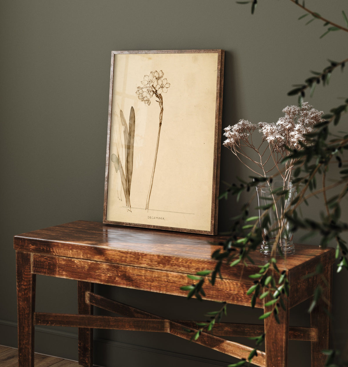 December Birth Flower Art Print - Paperwhite Narcissus Poster - Antique Sepia Ink Botanical Illustration - Birth Month Gift 12/12