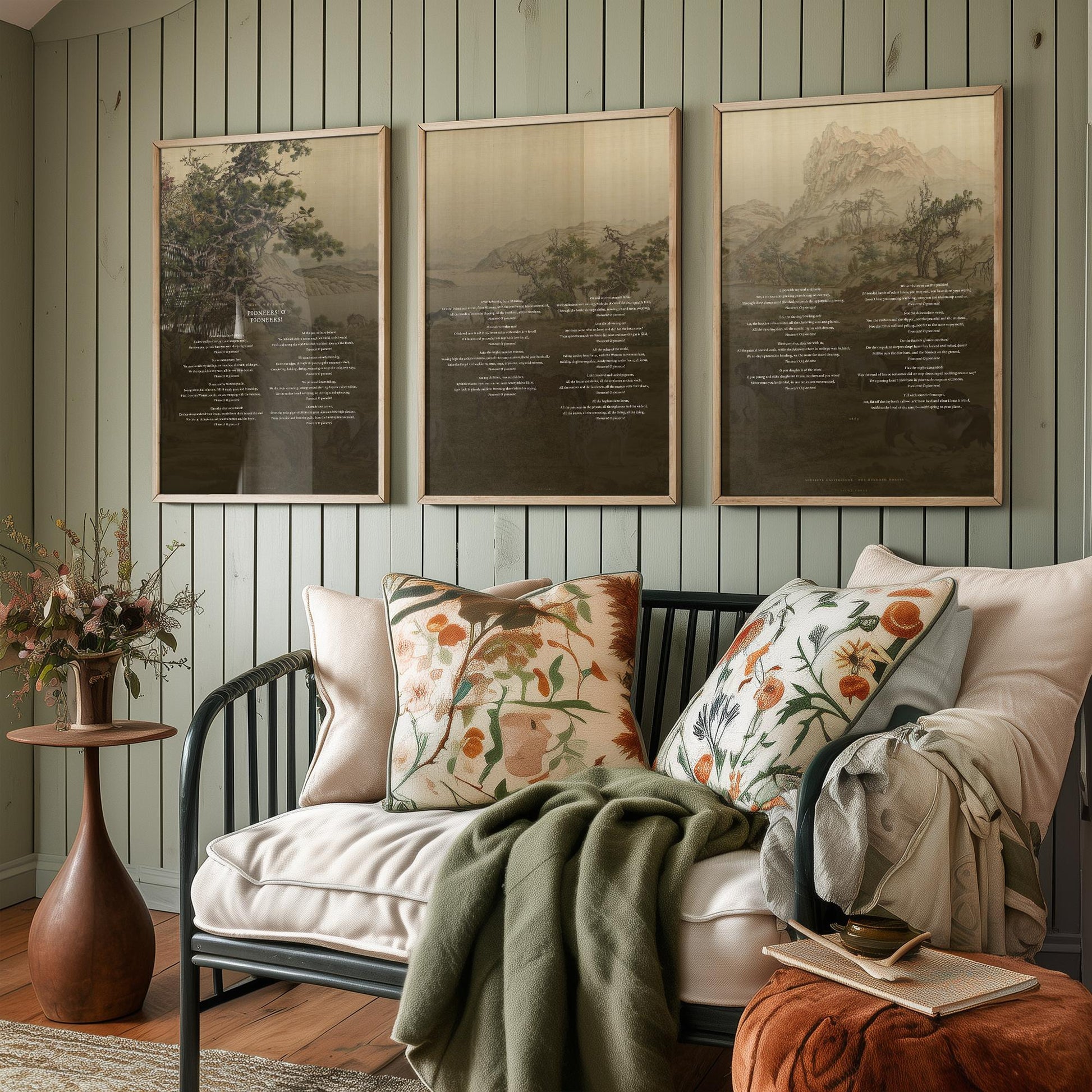 Pioneers O Pioneers by Walt Whitman Set of Three Art Prints - Full Poem over Castiglione Hundred Horses Painting - Poetry Poster Triptych