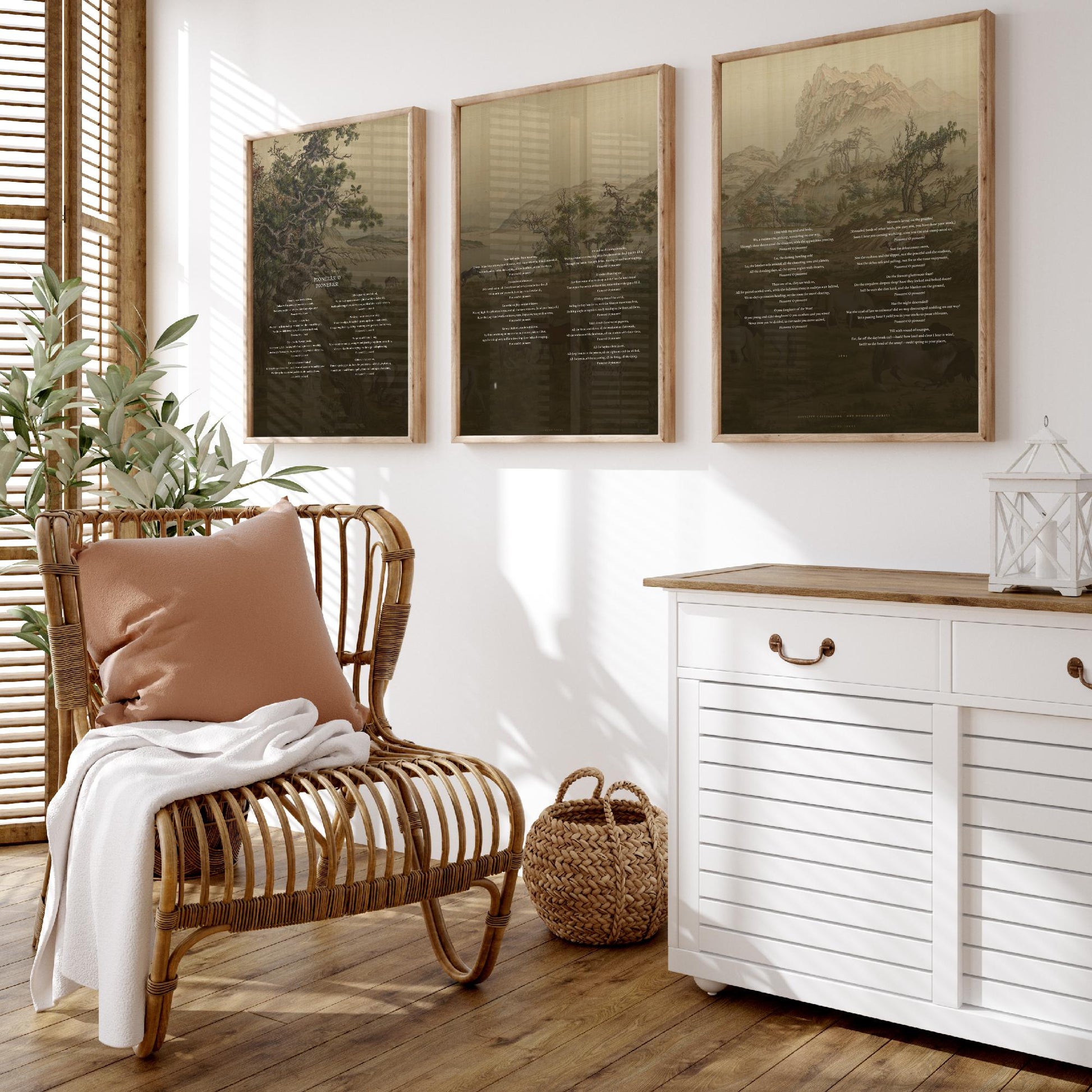 Pioneers O Pioneers by Walt Whitman Set of Three Art Prints - Full Poem over Castiglione Hundred Horses Painting - Poetry Poster Triptych