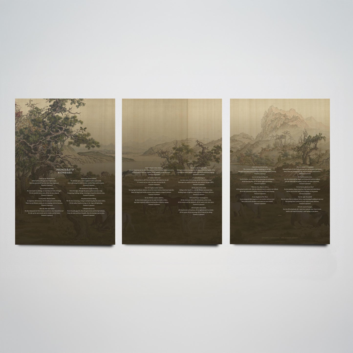 Pioneers O Pioneers by Walt Whitman Set of Three Art Prints - Full Poem over Castiglione Hundred Horses Painting - Poetry Poster Triptych