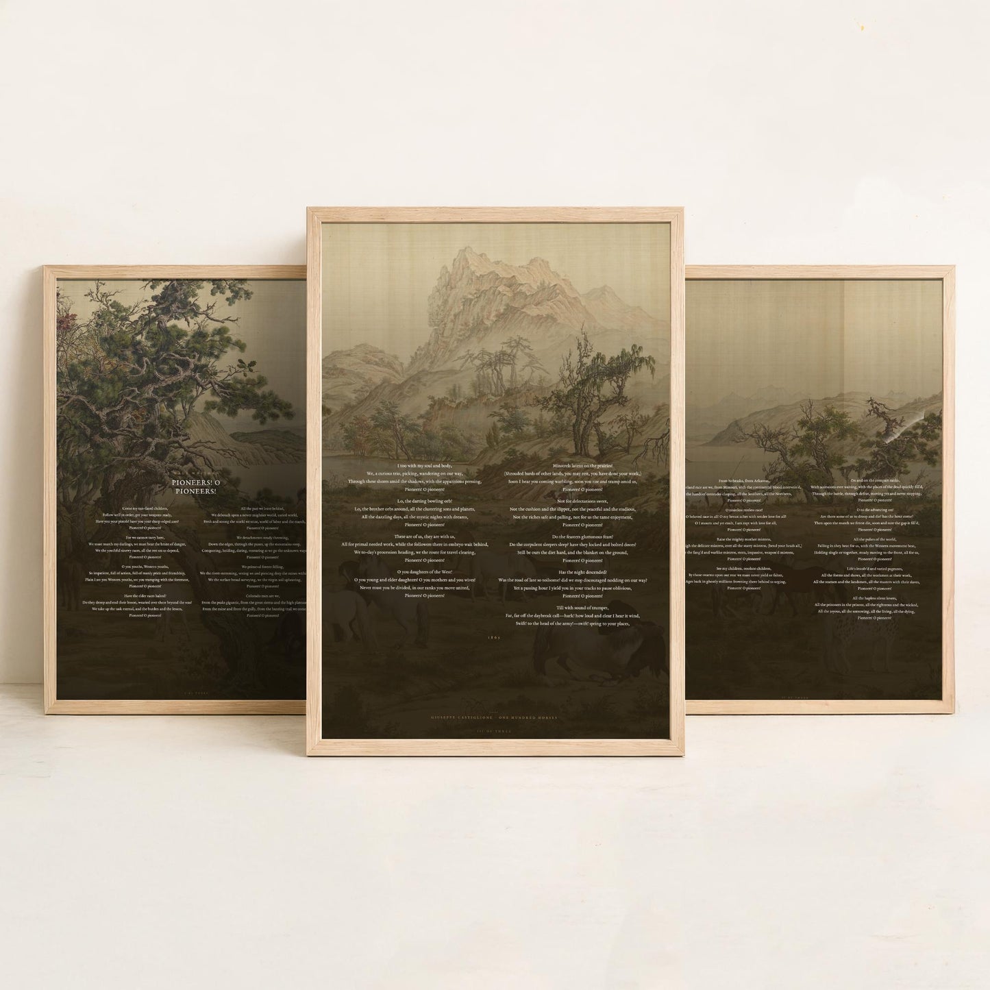 Pioneers O Pioneers by Walt Whitman Set of Three Art Prints - Full Poem over Castiglione Hundred Horses Painting - Poetry Poster Triptych