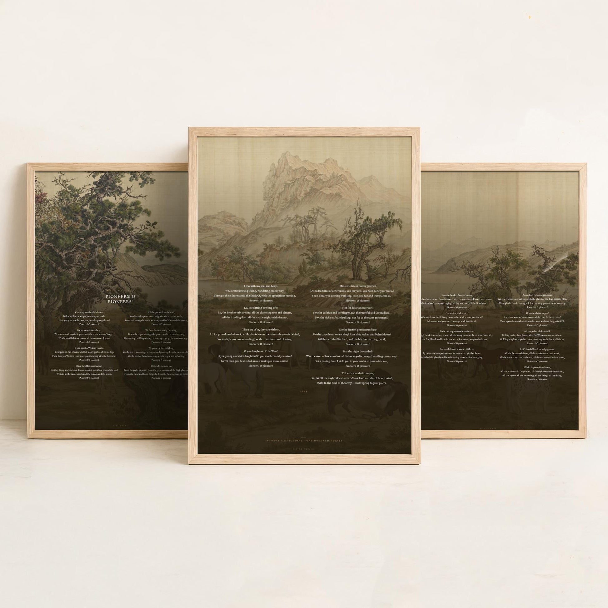 Pioneers O Pioneers by Walt Whitman Set of Three Art Prints - Full Poem over Castiglione Hundred Horses Painting - Poetry Poster Triptych